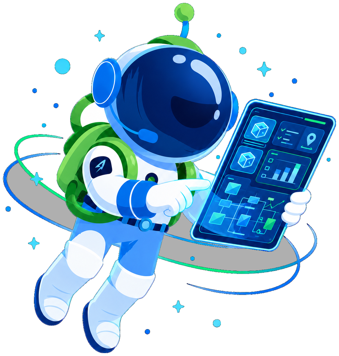 Temforcer astronaut character using a TEMOps governance tablet interface