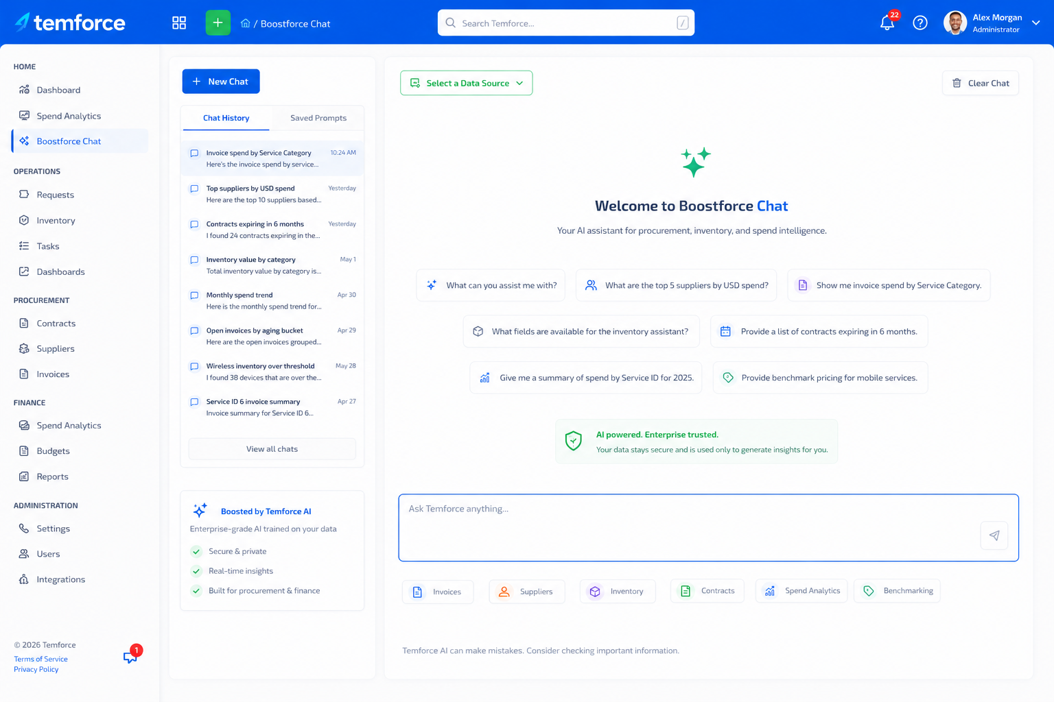 Boostforce Chat AI SaaS interface for technology expense management questions, invoice summaries, supplier spend, contract expirations, inventory fields, and benchmark prompts