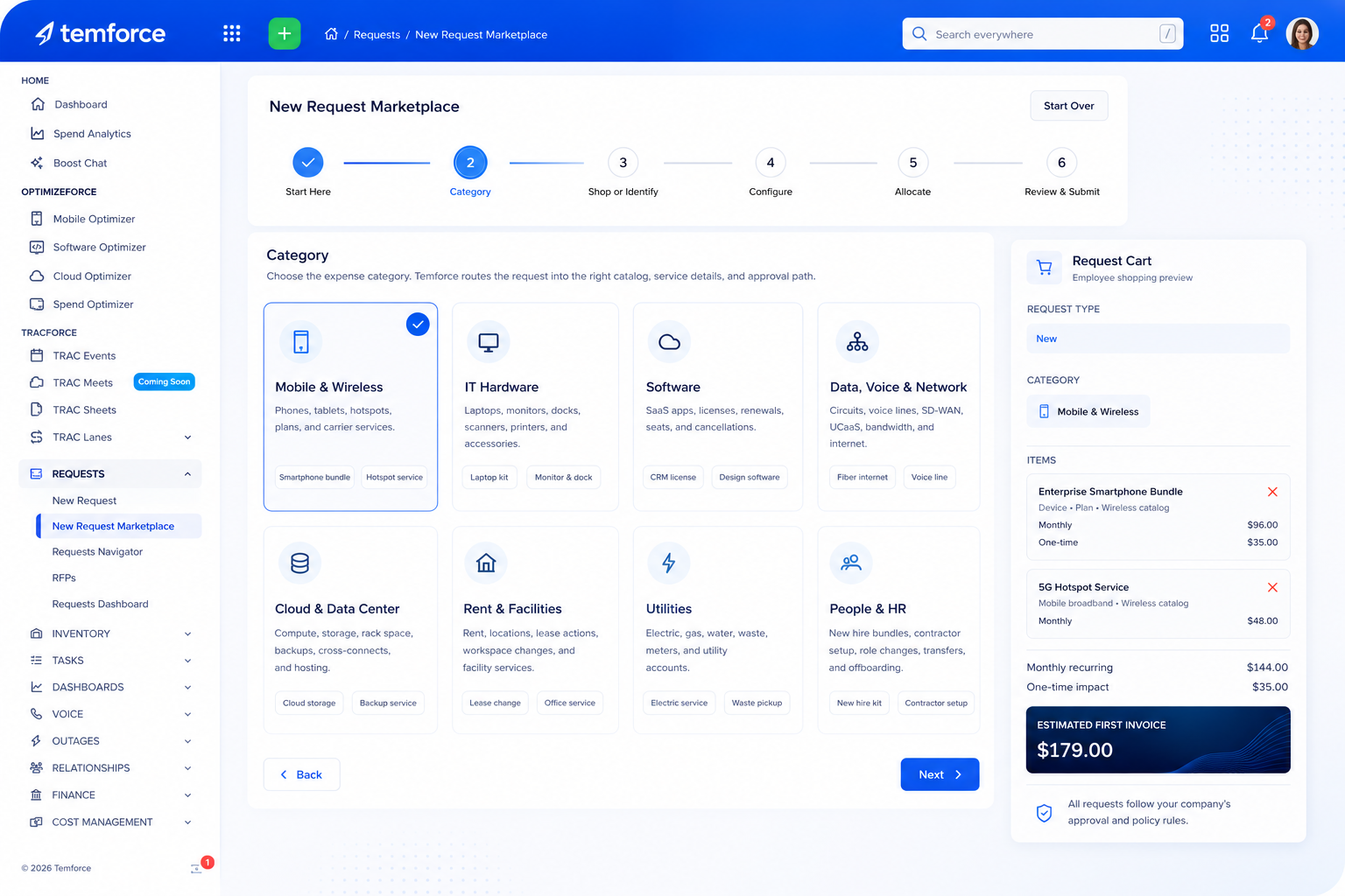 Temforce New Request Marketplace SaaS interface showing request categories, shopping cart, configuration steps, allocation, review, and approval flow